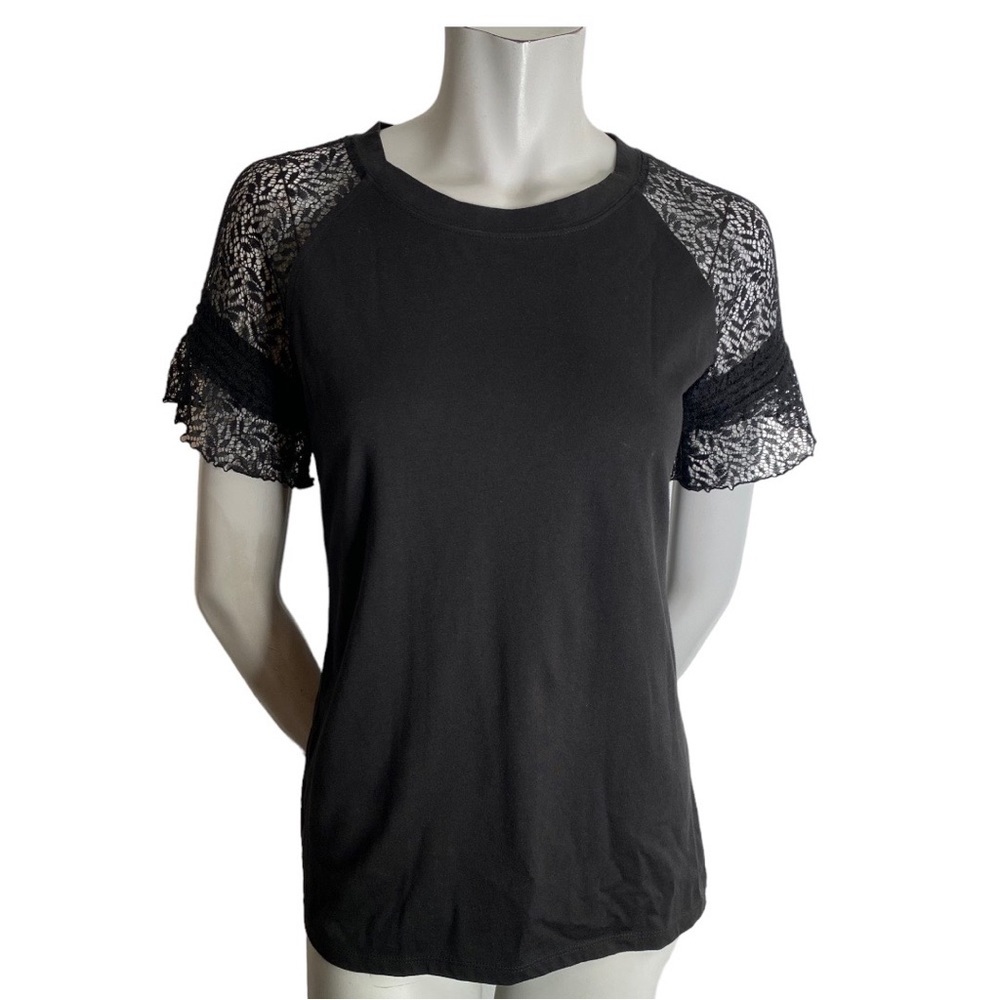 Maette Black Cotton Blend Lace Sleeve Tshirt Size Small